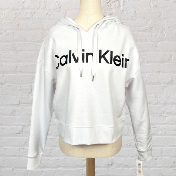 Calvin Klein Cropped Logo Hoodie S White Sweatshirt NWT Athleisure Gift - Picture 3 of 11